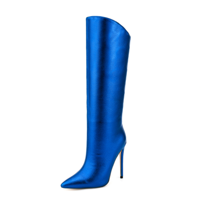 Navy Metallic-color Fashion Pointed Toe Stiletto Heel Wide Calf Boots