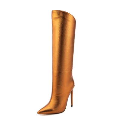 Gold Metallic-color Fashion Pointed Toe Stiletto Heel Wide Calf Boots