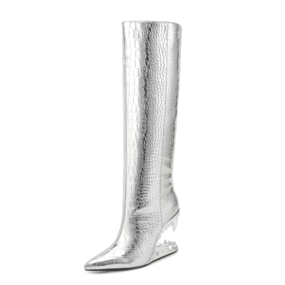 Silver Animal Tooth Shape Creative Heel Pointed Toe Knee High Boots