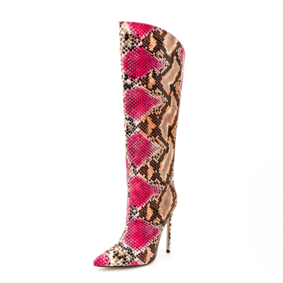 Red Pointed Toe Sanke Printed Stilettos Wide Calf Boots