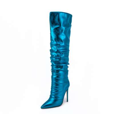 Blue Metallic-color Fashion Pointed Toe Stiletto Knee High Slouch Boots
