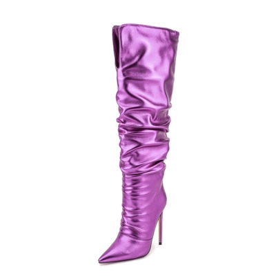 Neon Metallic Purple Pointed Toe Slouch Boots Stiletto Heel Knee High Boots