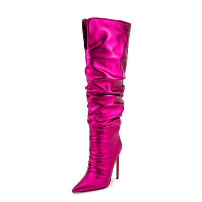 Neon Metallic Magenta Pointed Toe Slouch Boots Stiletto Heel Knee High Boots