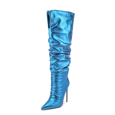 Neon Metallic Blue Pointed Toe Slouch Boots Stiletto Heel Knee High Boots