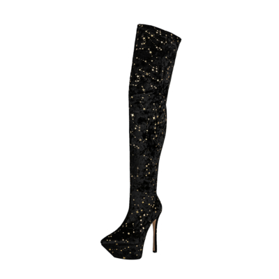Black Velvet Pointed Toe Star Printed Stiletto Heel Platform Thigh High Boots