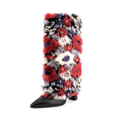 Women's Red Multicolor Furry Pointed Toe Chunky Heel Knee High Boots