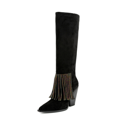 Black Suede Block Heel Fringe Cowboy Boots Fashion Knee High Booties