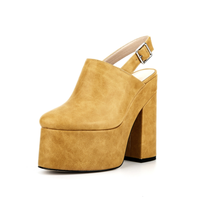 Yellow Vegan Leather Round Toe Platform Heels Block Heel Slingback Shoes