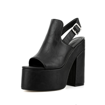 Women's Vegan Leather Open Toe Platform Block Heel Slingback Shoes