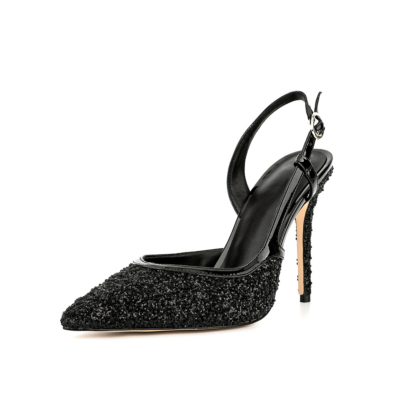 Black Glitter Pointed Toe Stiletto Heel Slingback Sandals