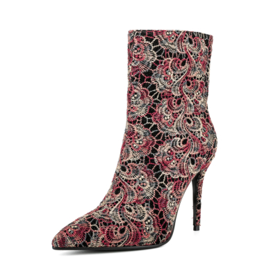 Red Vintage Embroidery Pointed Toe Stiletto Heel Ankle Booties