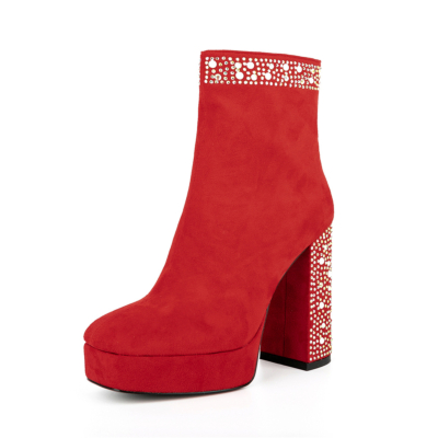 Women's Red Suede Platform Chunky Heel Ankle Booties with Rhinestone