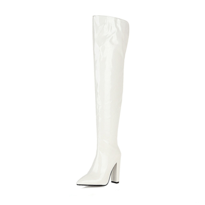 White Vegan Leather Pointed Toe Chunky Heels Over the Knee Boots