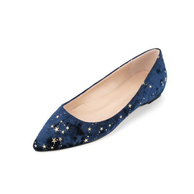 Navy Velvet Star Flat Comfy Women's Pumps Flats Shoes with Pointed Toe