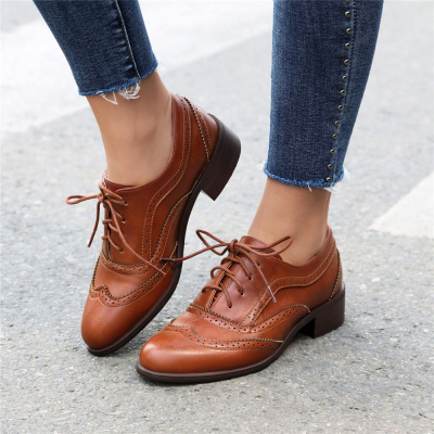 Coffee Hollow Out Lace Up Oxford Loafers Flats For Women