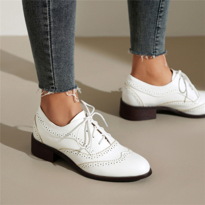 White Hollow Out Lace Up Oxford Loafers Flats For Women
