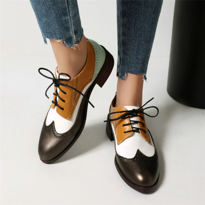 Yellow&White Oxford Loafers Chunky Heel Lace Up Women's Shoes