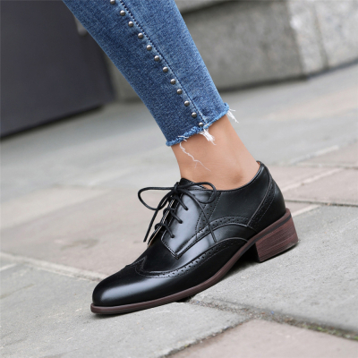 Black Oxford Loafers Chunky Heel Lace Up Women's Shoes
