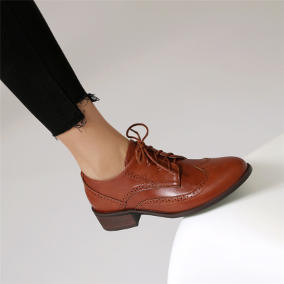 Dark Brown Oxford Loafers Chunky Heel Lace Up Women's Shoes