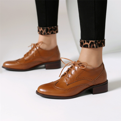 Brown Oxford Loafers Chunky Heel Lace Up Women's Shoes