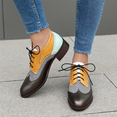 Yellow Color Block Oxford Loafers Chunky Heel Lace Up Women's Shoes