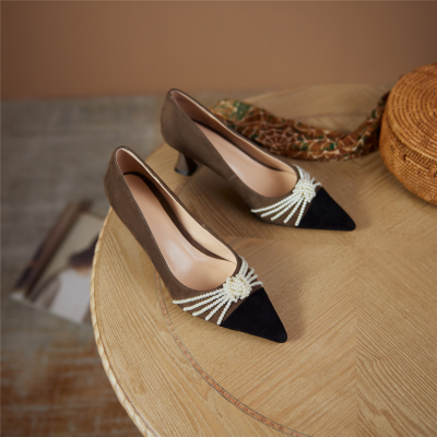 Black and Olive Vintage Spool Heel Suede Pumps Pearls Embellished Work Shoes