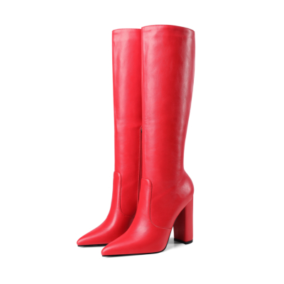 Red Waterproof Side Zipper Heeled Knee High Boots Riding Boot
