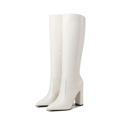 White Waterproof Side Zipper Heeled Knee High Boots Riding Boot