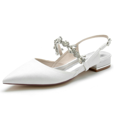 White Glitter Rhinestones Backless Flats Slingbacks Shoes