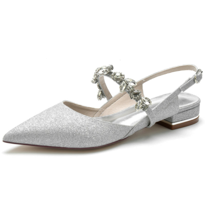 Grey Glitter Rhinestones Backless Flats Slingbacks Shoes