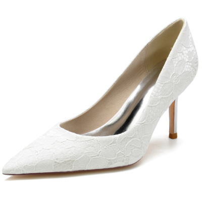 Wedding Lace Heeled Pumps Satin Pointed Toe Stiletto Shoes