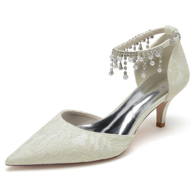 Beige Wedding Lace Pumps Kitten Heels Pearl Ankle Strap D'orsay Shoes