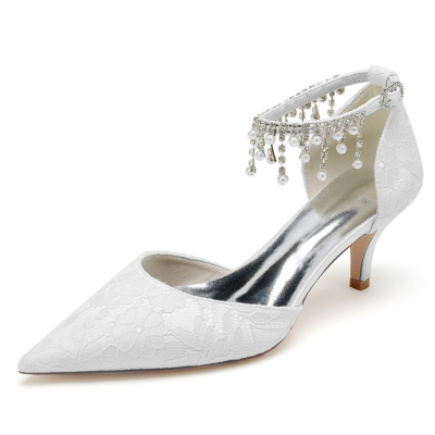 White Wedding Lace Pumps Kitten Heels Pearl Ankle Strap D'orsay Shoes