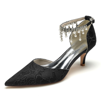 Black Wedding Lace Pumps Kitten Heels Pearl Ankle Strap D'orsay Shoes
