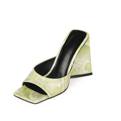Green Wedding Marbling High Block Heel Mule Sandals with Square Toe