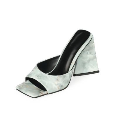 Light Grey Wedding Marble High Block Heel Mule Sandals with Square Toe