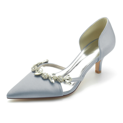 Grey Wedding Satin Rhinestones Pumps D'orsay Shoes Kitten Heels