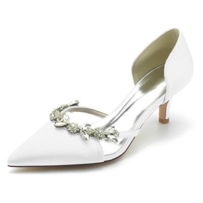 White Wedding Satin Rhinestones Pumps D'orsay Shoes Kitten Heels