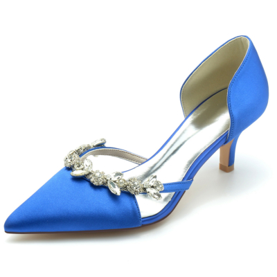 Royal Blue Wedding Satin Rhinestones Pumps D'orsay Shoes Kitten Heels