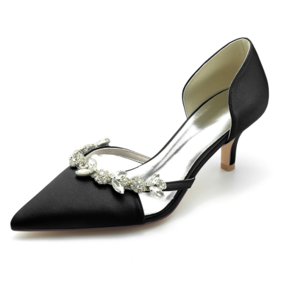 Black Wedding Satin Rhinestones Pumps D'orsay Shoes Kitten Heels