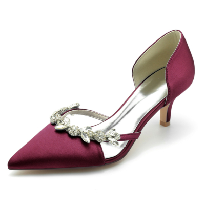 Burgundy Wedding Satin Rhinestones Pumps D'orsay Shoes Kitten Heels