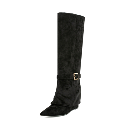 Black Wedges Fold Over Boots Classic Women Pointed Toe Knee High Boots
