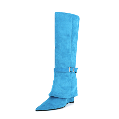 Blue Wedges Fold Over Boots Classic Women Pointed Toe Knee High Boots