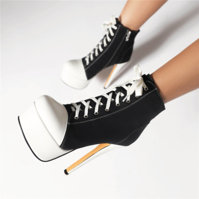 White and Black Platform Canvas Pleaser Shoes Zip Lace Up Stiletto High Heels