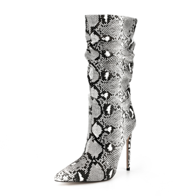 White&Black Snake Print Stiletto Heel Slouch Knee High Boots for Dress