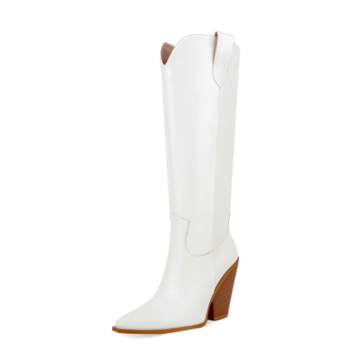 White Chunky Heel Cowboy Boots Zip Cowgirl Knee High Boots