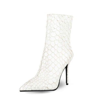 White Crocodile Print Stiletto Ankle Boots Pointed Toe Boots with Zipper