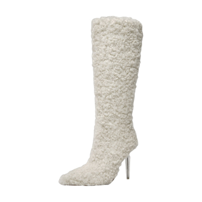 White Furry Stiletto Heel Pointed Toe Knee High Boots