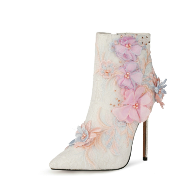 White Floral Pointed Toe Wedding Ankle Boots with Stiletto High Heels