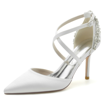 White Satin Pointed Toe Cross Strap Pumps Stiletto Heel Wedding Shoes 